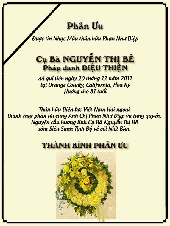 Phân Ưu Thân hữu Điện lực VN Hải ngoại