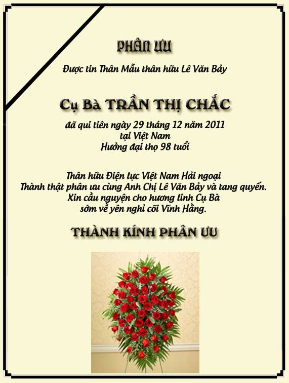 Phân Ưu Thân hữu Điện lực VN Hải ngoại