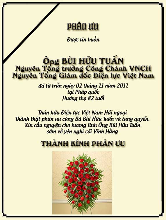 Phân Ưu Thân hữu Điện lực VN Hải ngoại