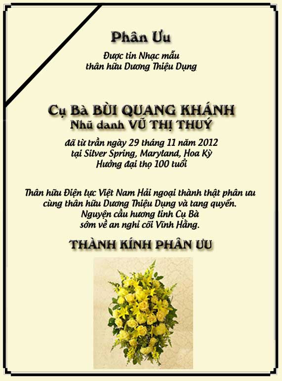 Phân Ưu Thân hữu Điện lực VN Hải ngoại