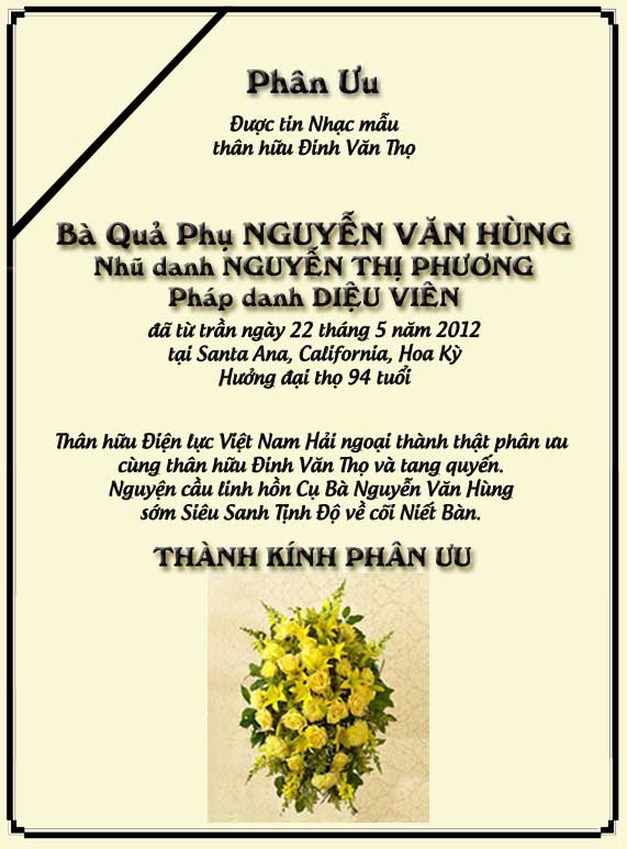 Phân Ưu Thân hữu Điện lực VN Hải ngoại