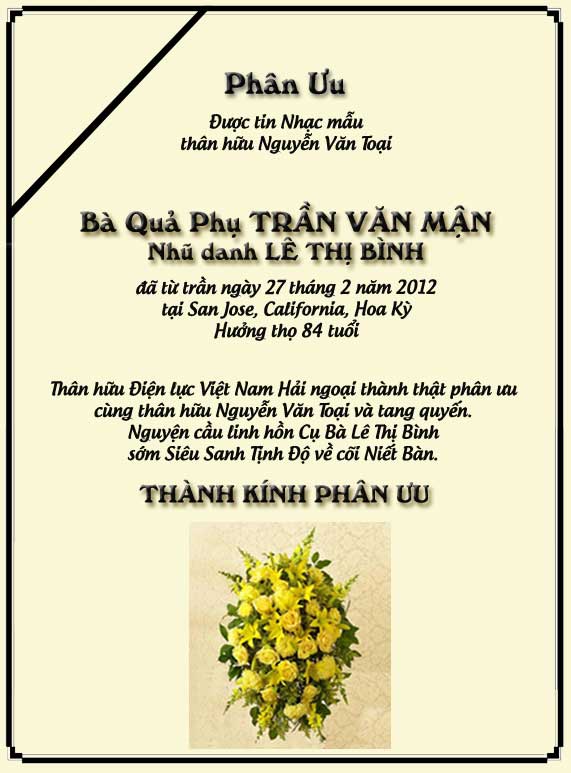 Phân Ưu Thân hữu Điện lực VN Hải ngoại