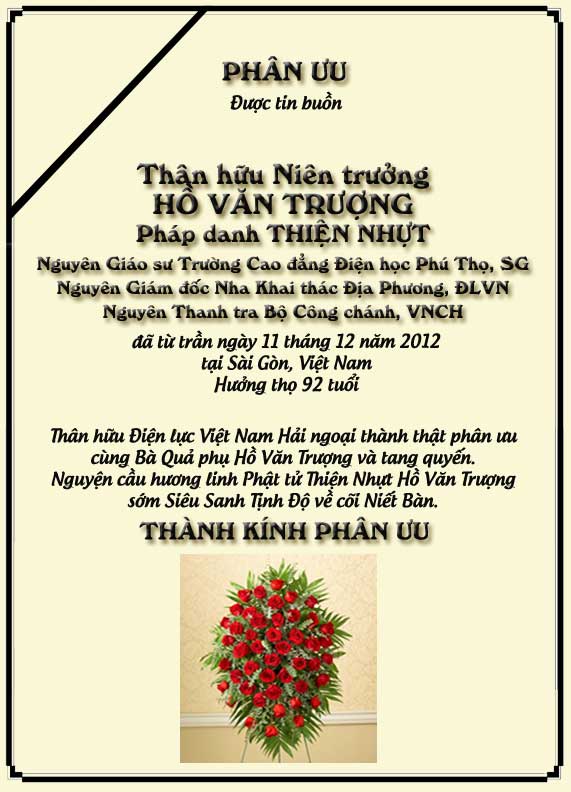 Phân Ưu Thân hữu Điện lực VN Hải ngoại