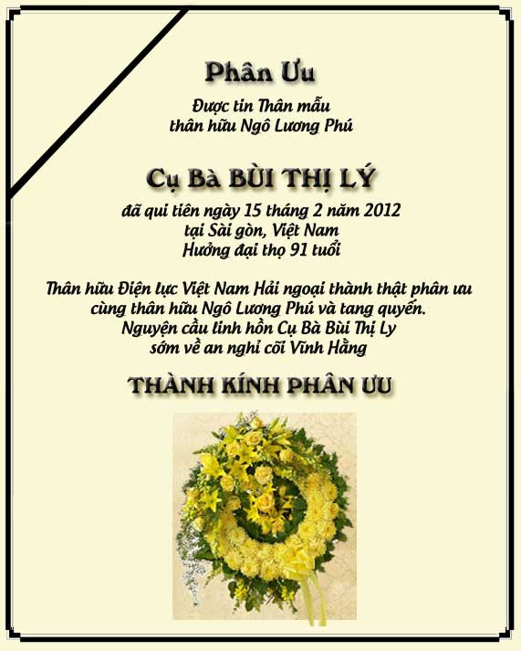 Phân Ưu Thân hữu Điện lực VN Hải ngoại