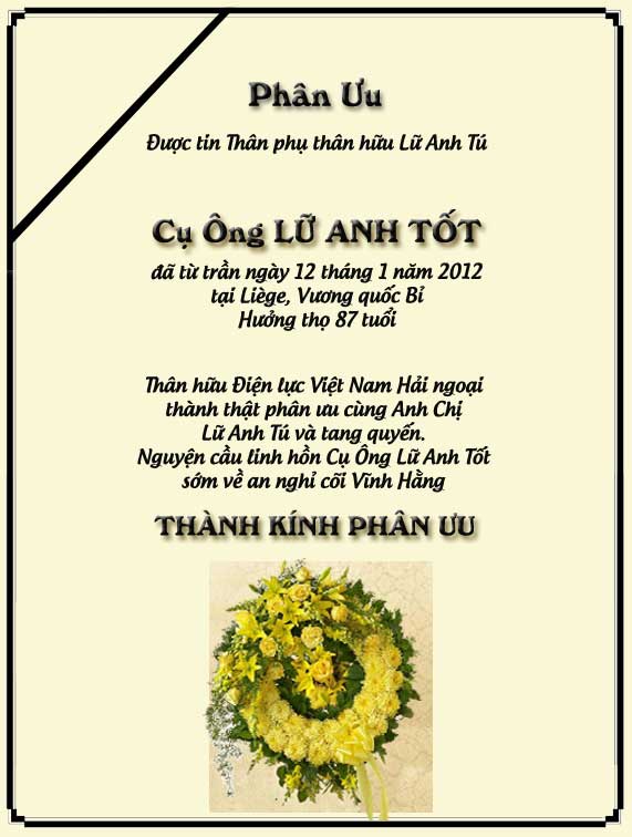 Phân Ưu Thân hữu Điện lực VN Hải ngoại