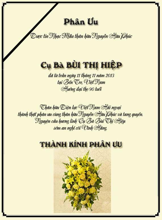 Phân Ưu Thân hữu Điện lực VN Hải ngoại