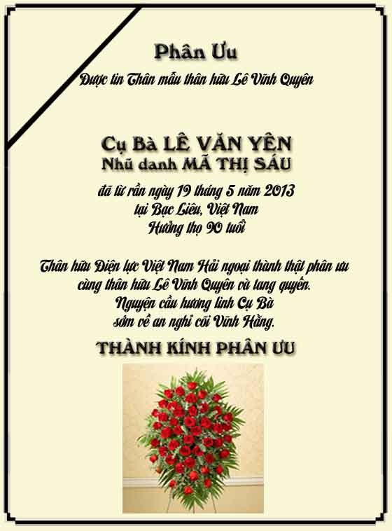 Phân Ưu Thân hữu Điện lực VN Hải ngoại