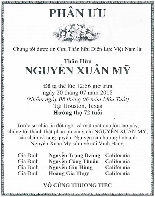 Phân ưu trên Thời Báo Houston
