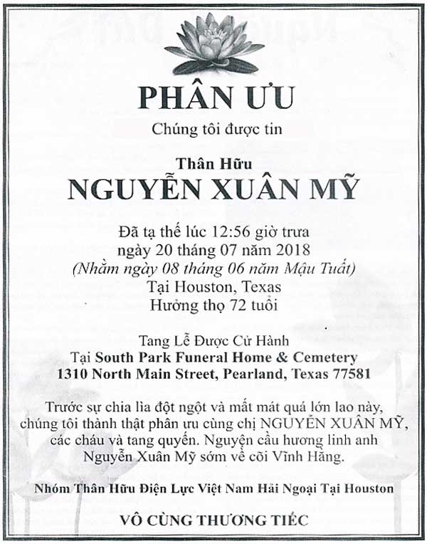 Phân ưu trên Thời Báo Houston