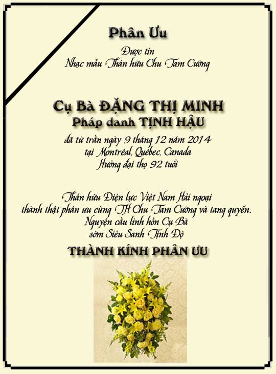 Phân Ưu Thân hữu Điện lực VN Hải ngoại