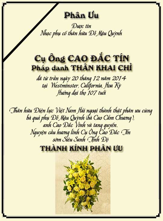 Phân Ưu Thân hữu Điện lực VN Hải ngoại