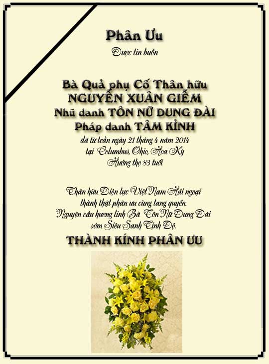 Phân Ưu Thân hữu Điện lực VN Hải ngoại