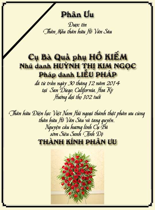 Phân Ưu Thân hữu Điện lực VN Hải ngoại