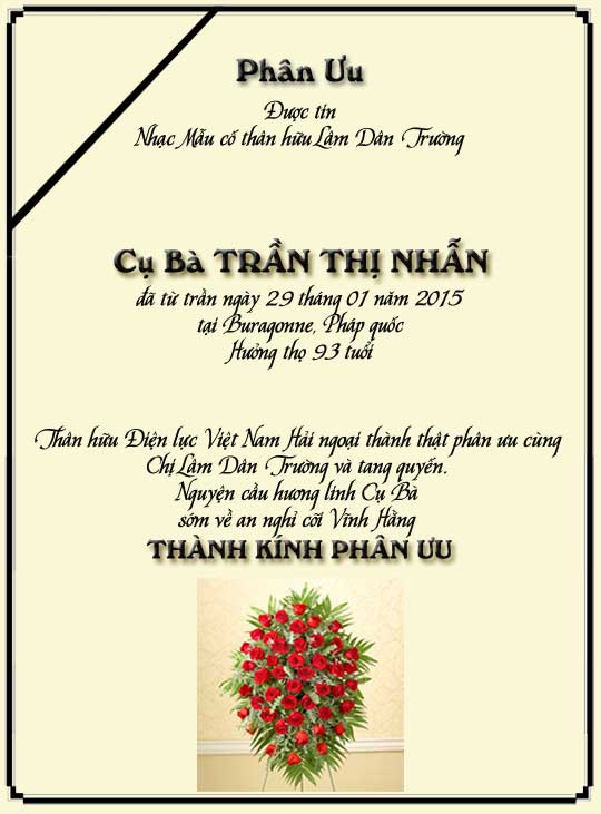 Phân Ưu Thân hữu Điện lực VN Hải ngoại
