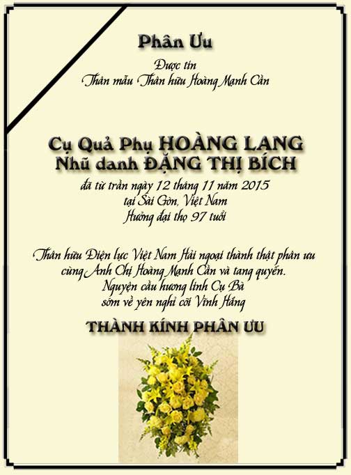 Phân Ưu Thân hữu Điện lực VN Hải ngoại