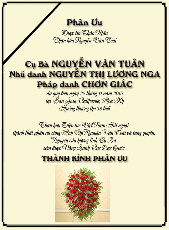 Phân Ưu Thân hữu Điện lực VN Hải ngoại
