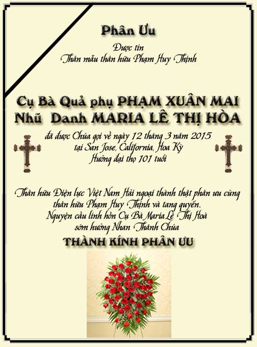 Phân Ưu Thân hữu Điện lực VN Hải ngoại