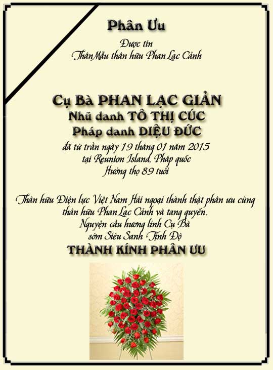 Phân Ưu Thân hữu Điện lực VN Hải ngoại