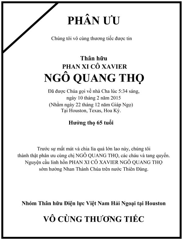 Phân Ưu Thân hữu Điện lực VN Hải ngoại