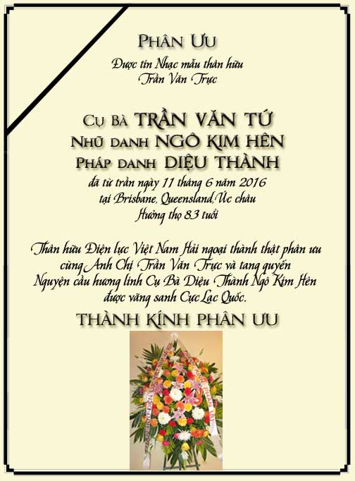 Phân Ưu Thân hữu Điện lực VN Hải ngoại
