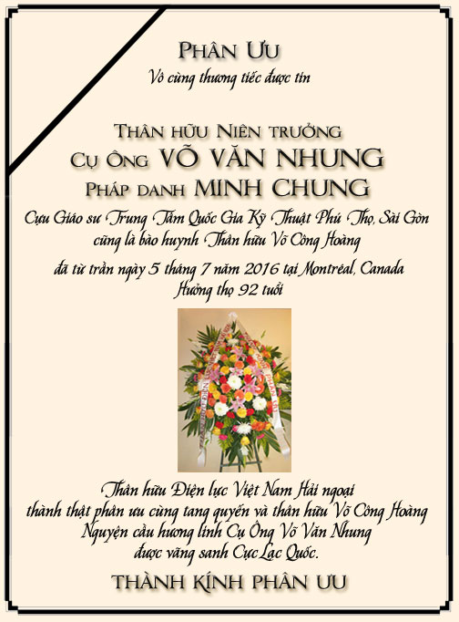 Phân Ưu Thân hữu Điện lực VN Hải ngoại