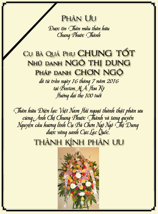 Phân Ưu Thân hữu Điện lực VN Hải ngoại
