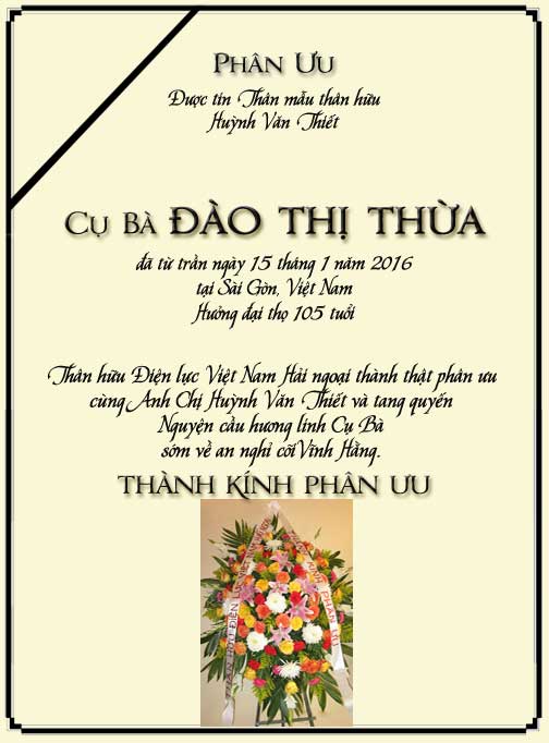 Phân Ưu Thân hữu Điện lực VN Hải ngoại