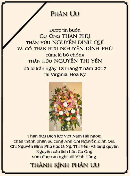 Phân Ưu Thân hữu Điện lực VN Hải ngoại