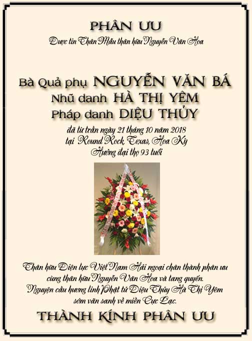 Phân Ưu Thân hữu Điện lực VN Hải ngoại