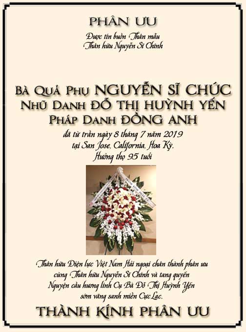 Phân Ưu Thân hữu Điện lực VN Hải ngoại